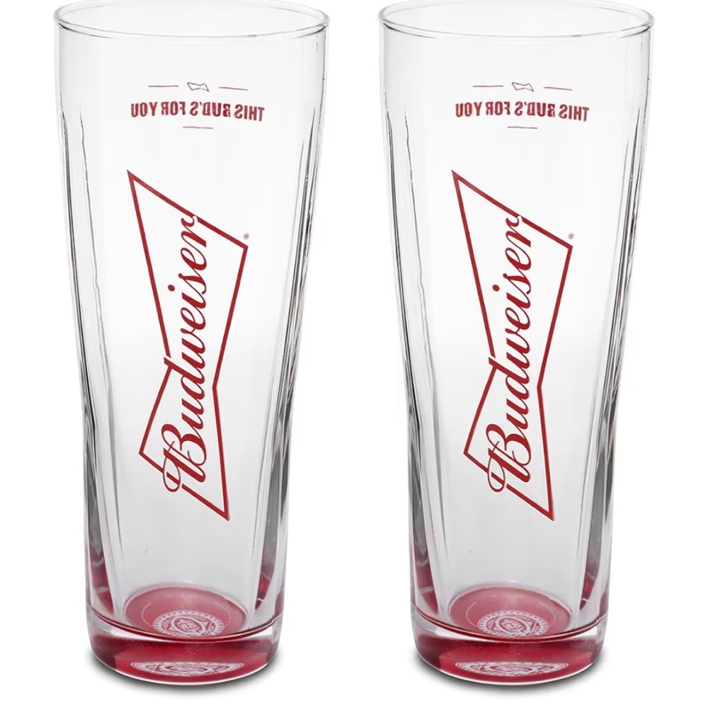 (4)collectible Budweiser pint glasses feature the iconic red bow tie logo